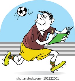 football referee records in a notebook flight of the ball. caricature