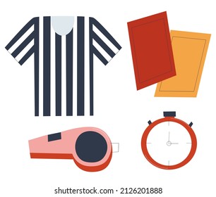 Football referee set. Red and yellow cards, whistle, stopwatch and striped t-shirt. Flat vector illustration. Eps10