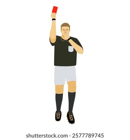 Football referee showing a red card and blowing whistle isolated on white background. 
