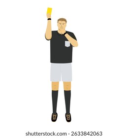 Football referee showing a yellow card and blowing whistle isolated on white background. 