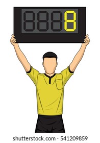 Football referee shows extra time, the soccer players change. Vector illustration.