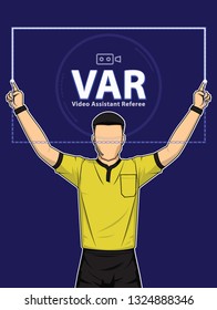 El árbitro de fútbol muestra la acción de los asistentes de video sobre fondo azul. Ilustración del vector