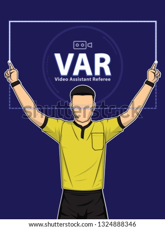 Football referee shows video assistant referees action on blue background. Vector illustration Imagine de stoc © 