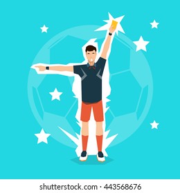 Football Referee Whistle Show Red Card Flat Vector Illustration