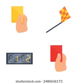 Football refereeing icons set cartoon vector. Football game equipment. Competition, sport concept