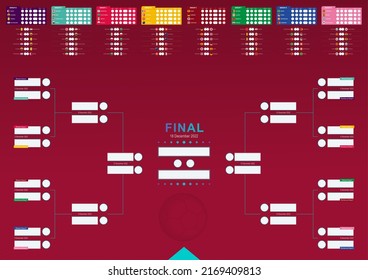 Football results table, countries flags participating in soccer tournament 2022. Tournament bracket template for print or web. Vector illustration.