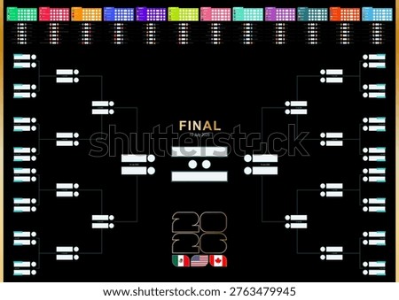 Football results table, countries flags participating in soccer tournament 2026. Tournament bracket template for print or web. Vector illustration.