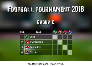 Football results table. Countries participating to the international soccer tournament 2018 group E. Vector illustration