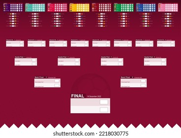 Football results table with flags and groups of World Soccer Competition. Vector Template.