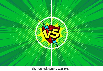Football rival match versus teams intro sport background, championship competition final poster, cartoon comic book style illustration, halftone pattern