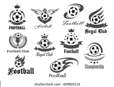 Football royal club icons set. Soccer tournament or championship game award badges templates. Vector symbols of fire ball with wings, goal victory ribbon and winner cup with crown of stars.