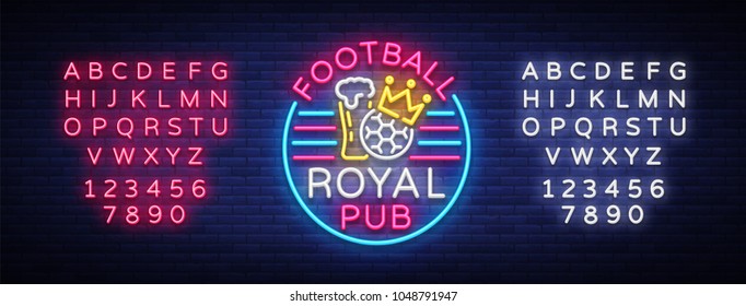 Football royal pub neon sign. Design Pattern Sport Bar Logo in Neon Style, Light Banner, Bright Night Bar Advertising, Design Element. Live football. Vector Illustration. Editing text neon sign