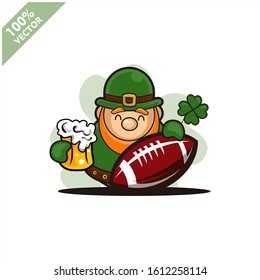 Football rugby ball happy Saint Patrick's Day theme. Cartoon character with green hat illustration vector logo.