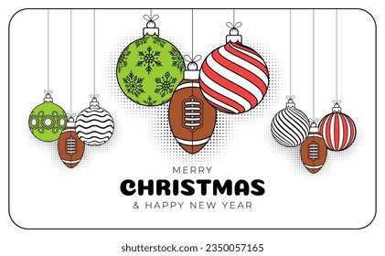 football, rugby christmas greeting card in trendy line style. Merry Christmas and Happy New Year outline cartoon Sports banner. ball as a xmas ball on white background. Vector illustration..