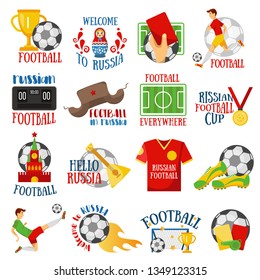Football in Russia. Ball, russian folk art tradition elements, balalaika, nesting doll, football symbols. Welcome to Russia inscription football badges vector set. Abstract invitations collection