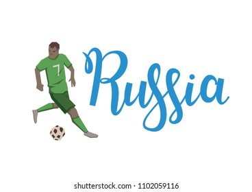 Football and Russia. Player kicking a ball on Russia lettering background. Flat vector illustration. Isolated on white background.