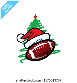 Football santa hat with christmas tree background logo vector