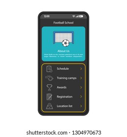 Football school smartphone interface vector template. Mobile app page black design layout. Sports application flat UI. Soccer club website screen. Schedule, training camps, location on phone display