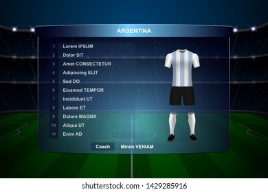 Football scoreboard broadcast graphic template with squad Argentina soccer team