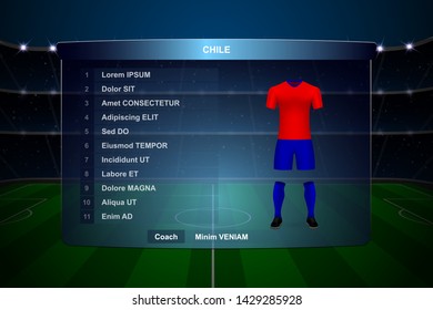 Football scoreboard broadcast graphic template with squad Chile soccer team