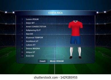 Football scoreboard broadcast graphic template with squad Costa Rica soccer team