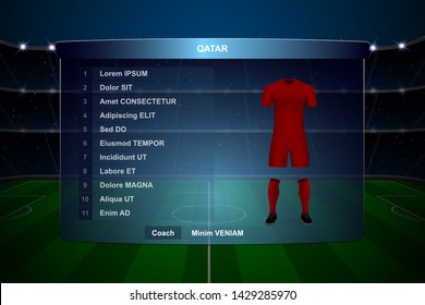Football scoreboard broadcast graphic template with squad Qatar soccer team