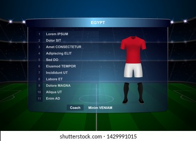 Football scoreboard broadcast graphic template with squad Egypt soccer team