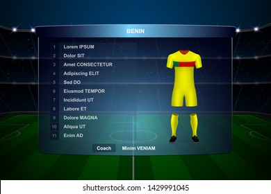 Football scoreboard broadcast graphic template with squad Benin soccer team