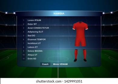 Football scoreboard broadcast graphic template with squad Namibia soccer team
