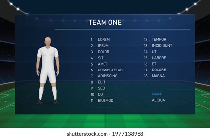 Football scoreboard broadcast graphic template with squad soccer team