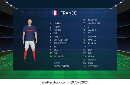 Football scoreboard broadcast graphic template with squad soccer team France