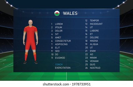 Football scoreboard broadcast graphic template with squad soccer team Wales