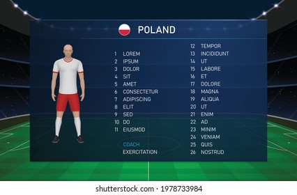 Football scoreboard broadcast graphic template with squad soccer team Poland