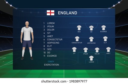 Football scoreboard broadcast graphic template with squad soccer team England