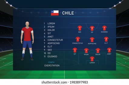 Football scoreboard broadcast graphic template with squad soccer team Chile