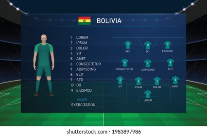 Football scoreboard broadcast graphic template with squad soccer team Bolivia