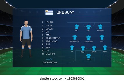 Football scoreboard broadcast graphic template with squad soccer team Uruguay