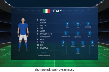 Football scoreboard broadcast graphic template with squad soccer team Italy