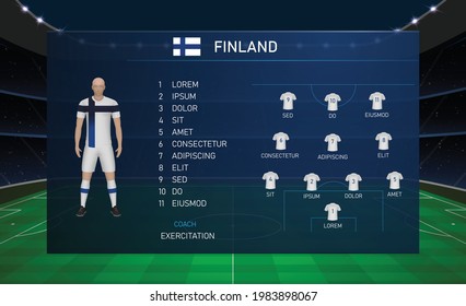 Football scoreboard broadcast graphic template with squad soccer team Finland