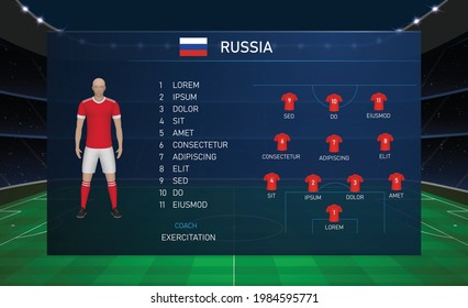 Football scoreboard broadcast graphic template with squad soccer team Russia
