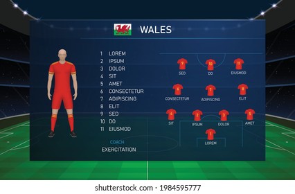 Football scoreboard broadcast graphic template with squad soccer team Wales