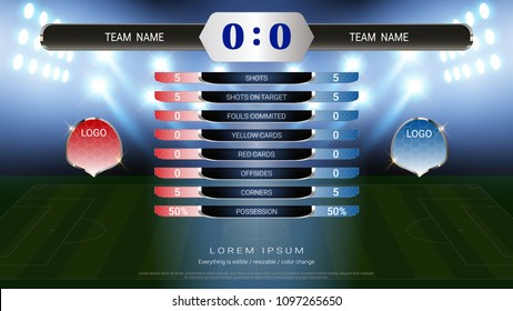 Football scoreboard team A vs team B and global stats broadcast graphic soccer template, For your presentation of the match results (EPS10 vector fully editable, resizable and color change)