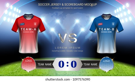 Football scoreboard team A vs team B, Soccer jersey mock-up and global stats broadcast graphic template, For presentation of the match results (EPS10 vector fully editable, resizable and color change)