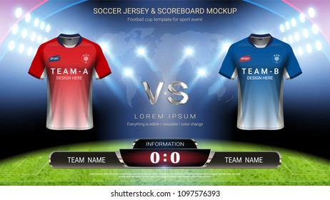 Football scoreboard team A vs team B, Soccer jersey mock-up and global stats broadcast graphic template, For presentation of the match results (EPS10 vector fully editable, resizable and color change)