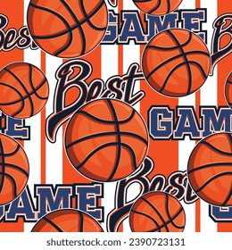 Football seamless pattern with basketball ball, street art style graffiti background text. Sport wall repeat print for boy textile, wrapping paper. Basketball ornament with college style text