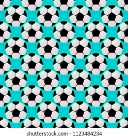 Football seamless pattern. Black and white soccer balls on mint green background. Cartoon sport vector illustration. Easy to edit template for your design projects.