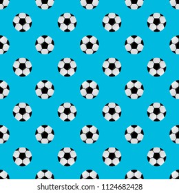 Football seamless pattern. Black and white soccer balls on light blue background. Cartoon sport vector illustration. Easy to edit template for your design projects.