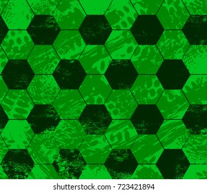 Football seamless pattern for boys, textile, clothes, wrapping paper. Monochrome green grunge Background with textured shabby hexagon, spray paint ink. Sport repeated backdrop