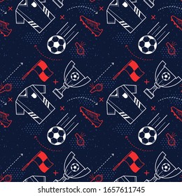 Football seamless pattern design of popular game vector illustration. Players uniform sneakers whistle flag and win cup flat style. Sport and soccer concept