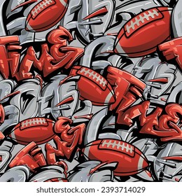 Football seamless pattern with rugby ball, street art style graffiti background text. Sport wall repeat print for boy textile, wrapping paper. Rugby ornament